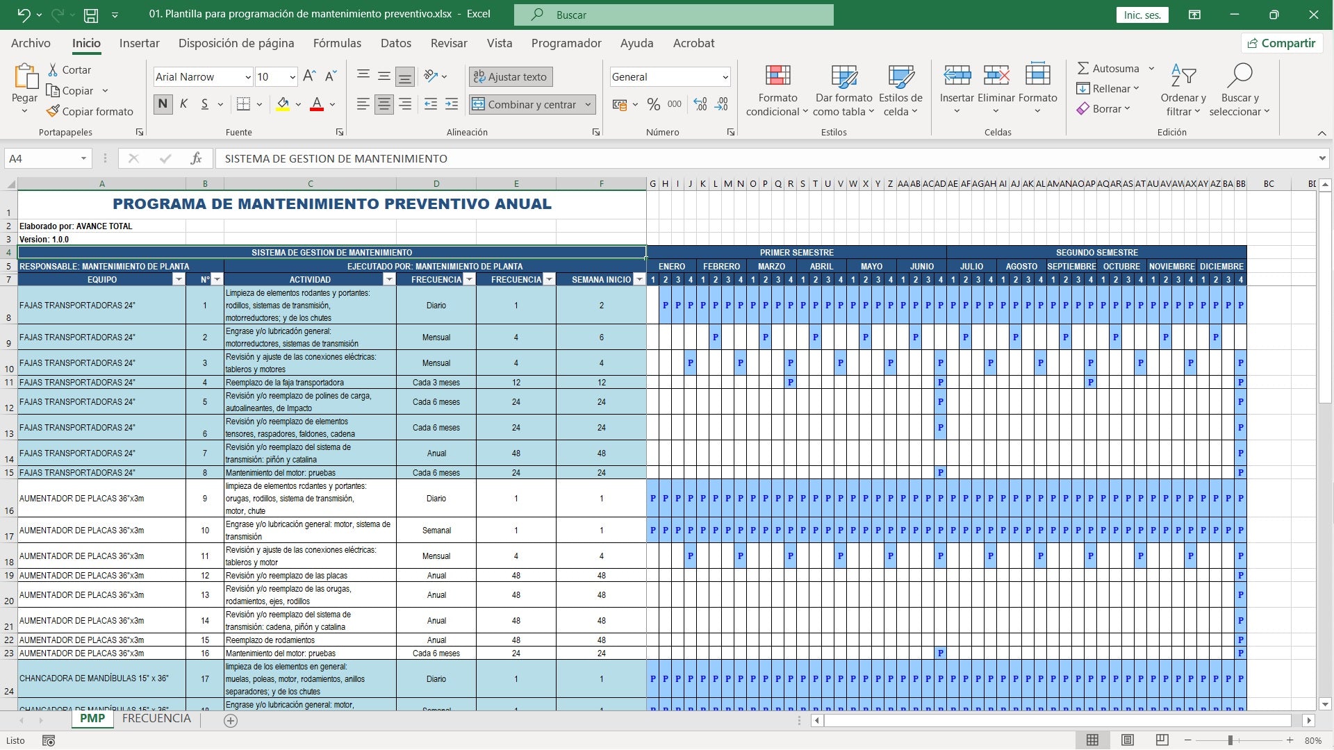 Plantilla para programación de mantenimiento preventivo