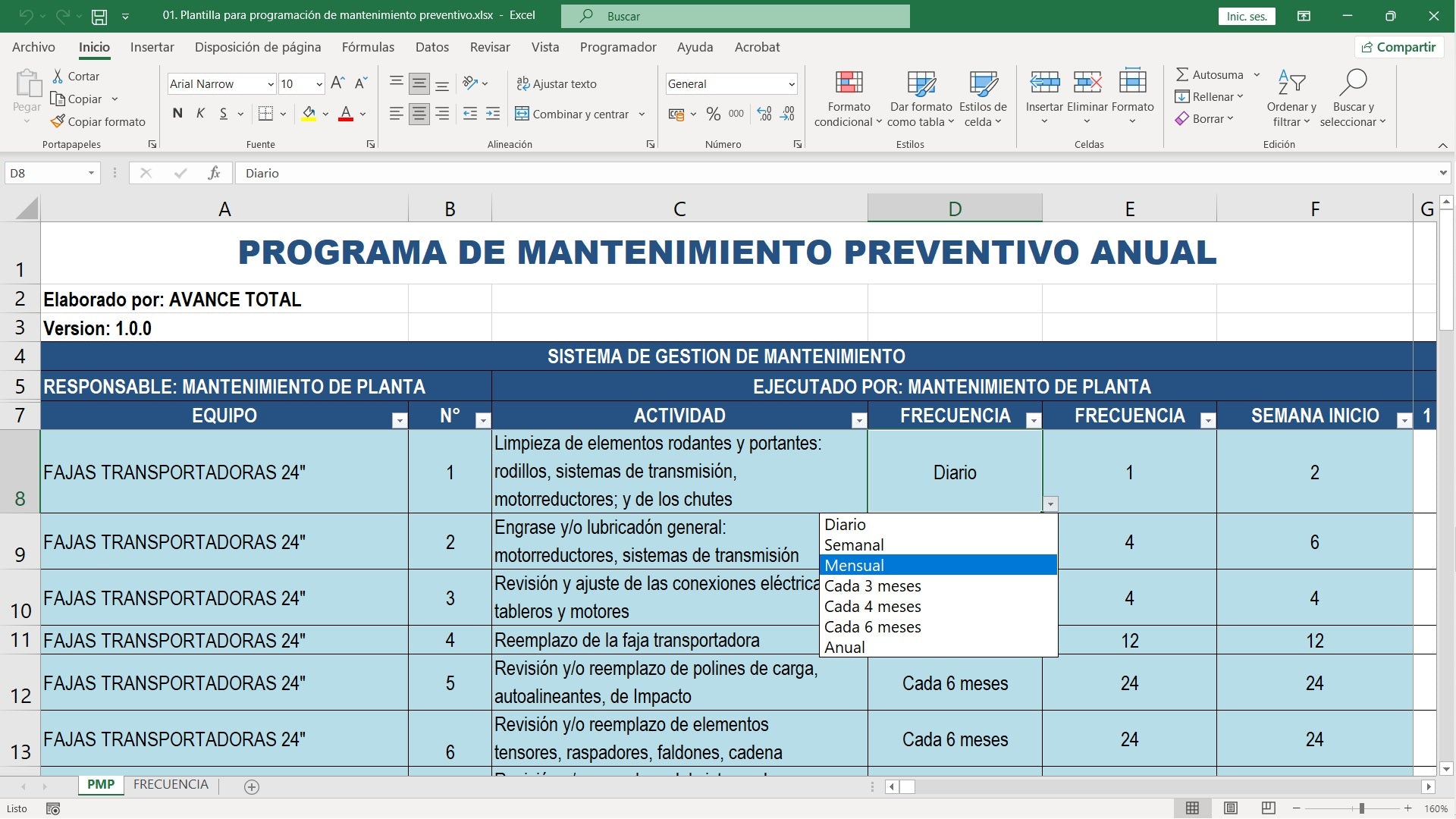 Plantilla para programación de mantenimiento preventivo