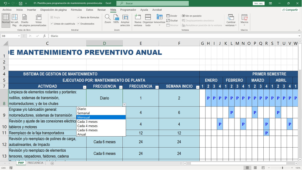 Plantilla para programación de mantenimiento preventivo
