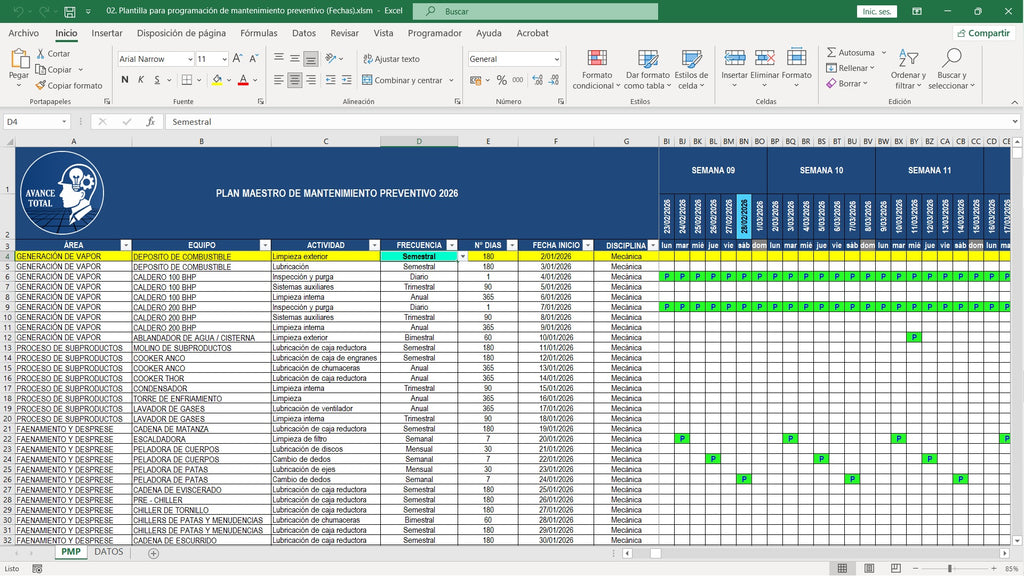Plantilla para programación de mantenimiento preventivo (Fechas)