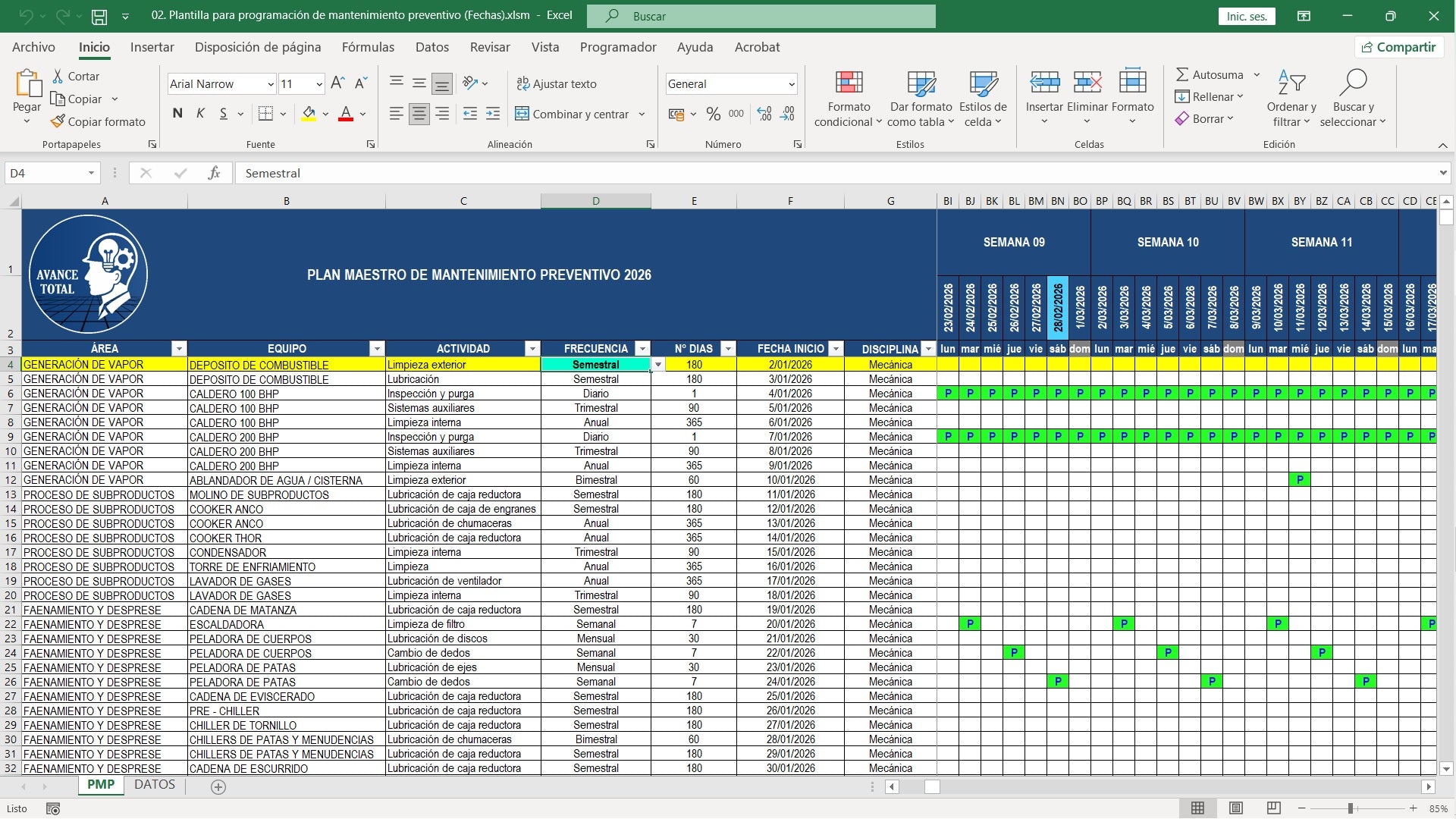 Plantilla para programación de mantenimiento preventivo (Fechas)