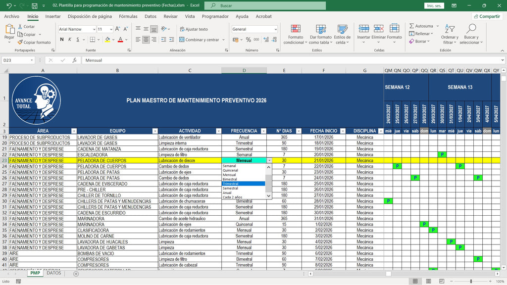 Plantilla para programación de mantenimiento preventivo (Fechas)
