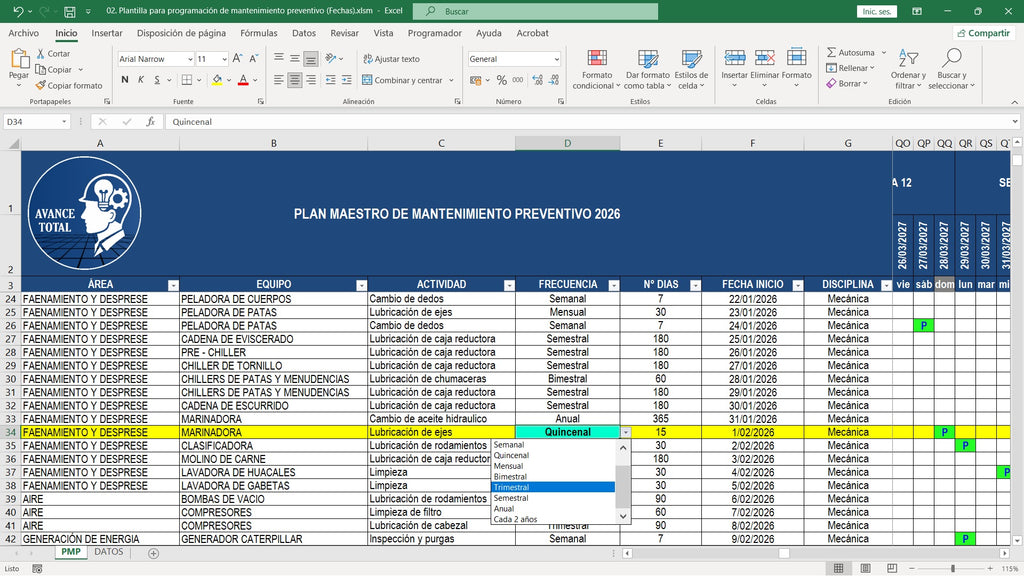 Plantilla para programación de mantenimiento preventivo (Fechas)