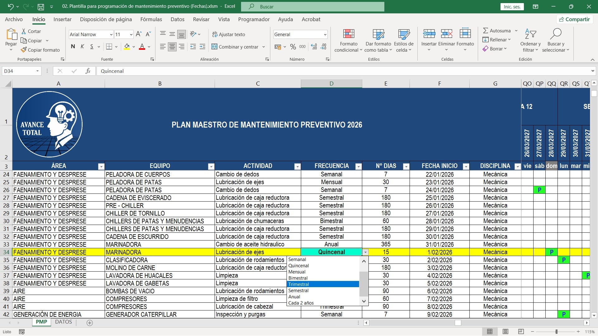Plantilla para programación de mantenimiento preventivo (Fechas)