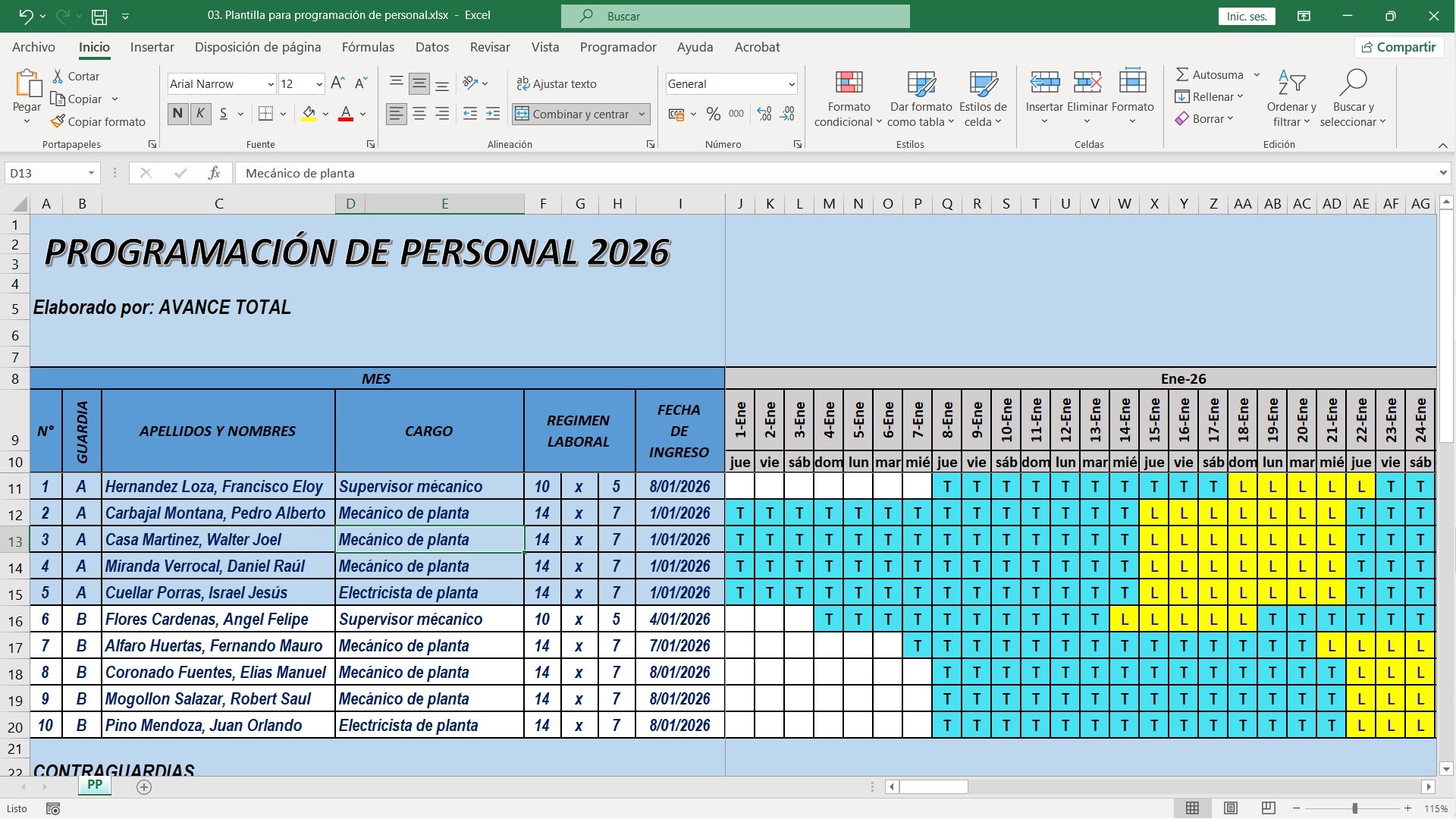 Plantilla para programación de personal