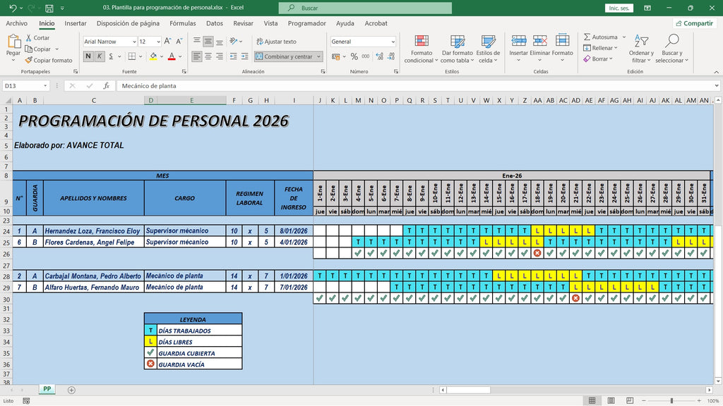 Plantilla para programación de personal