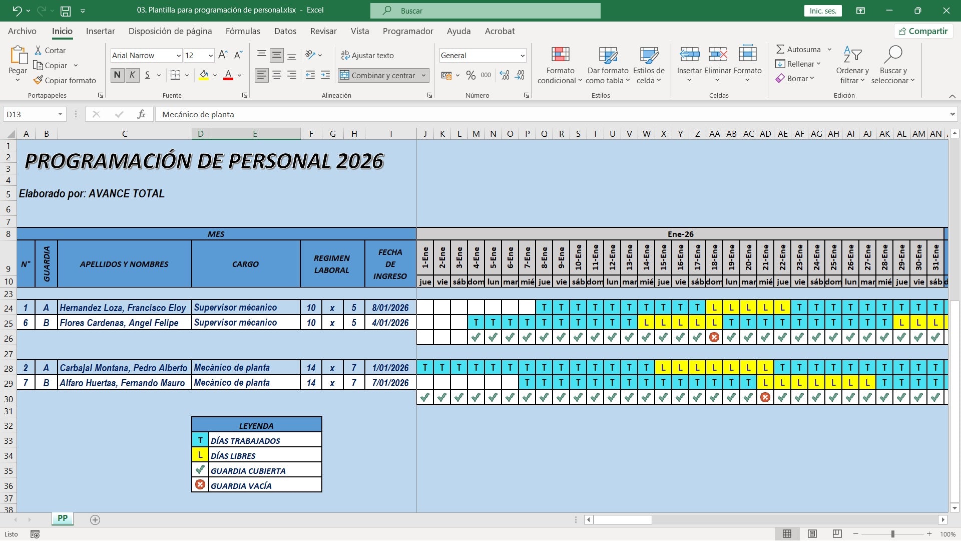 Plantilla para programación de personal