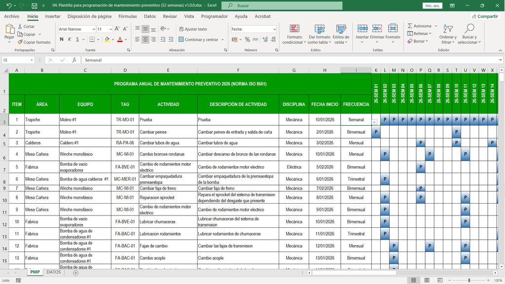 Plantilla para programación de mantenimiento preventivo (52 semanas) v1.0.0