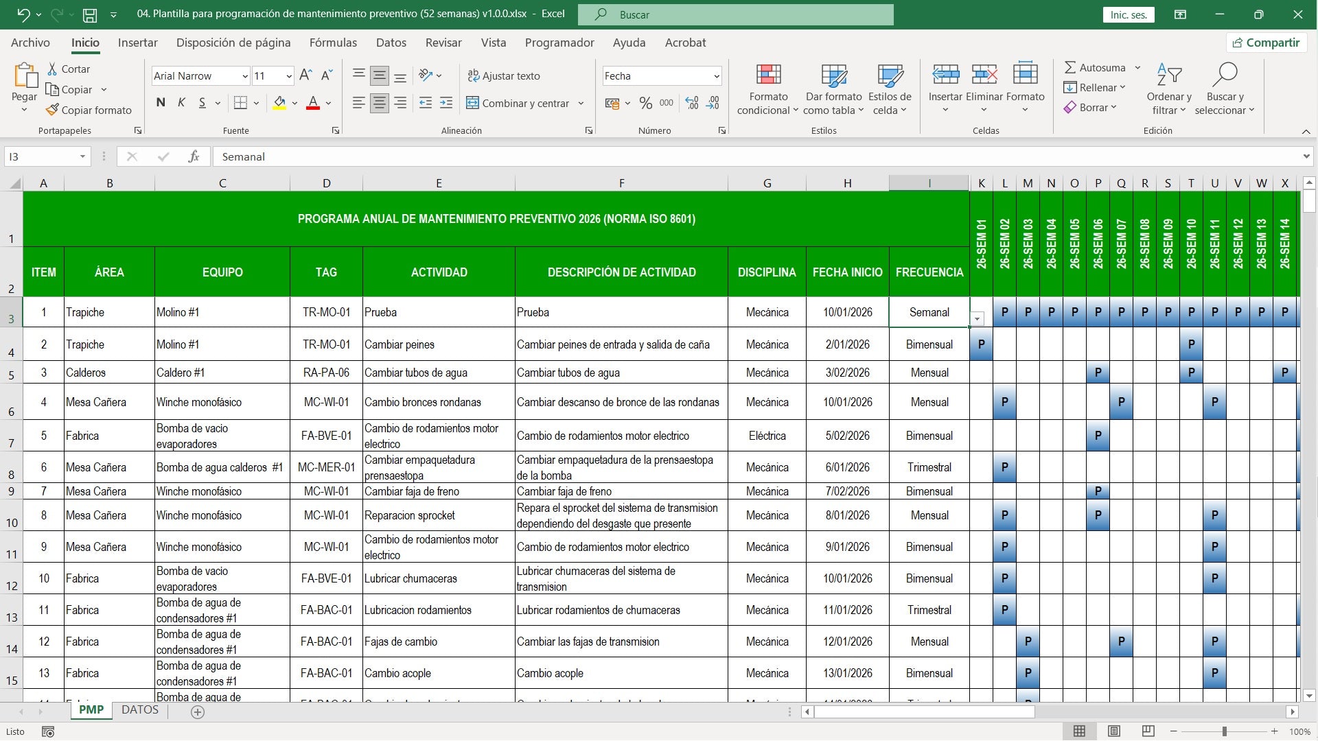 Plantilla para programación de mantenimiento preventivo (52 semanas) v1.0.0