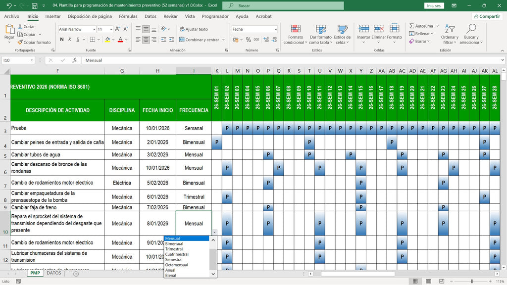 Plantilla para programación de mantenimiento preventivo (52 semanas) v1.0.0