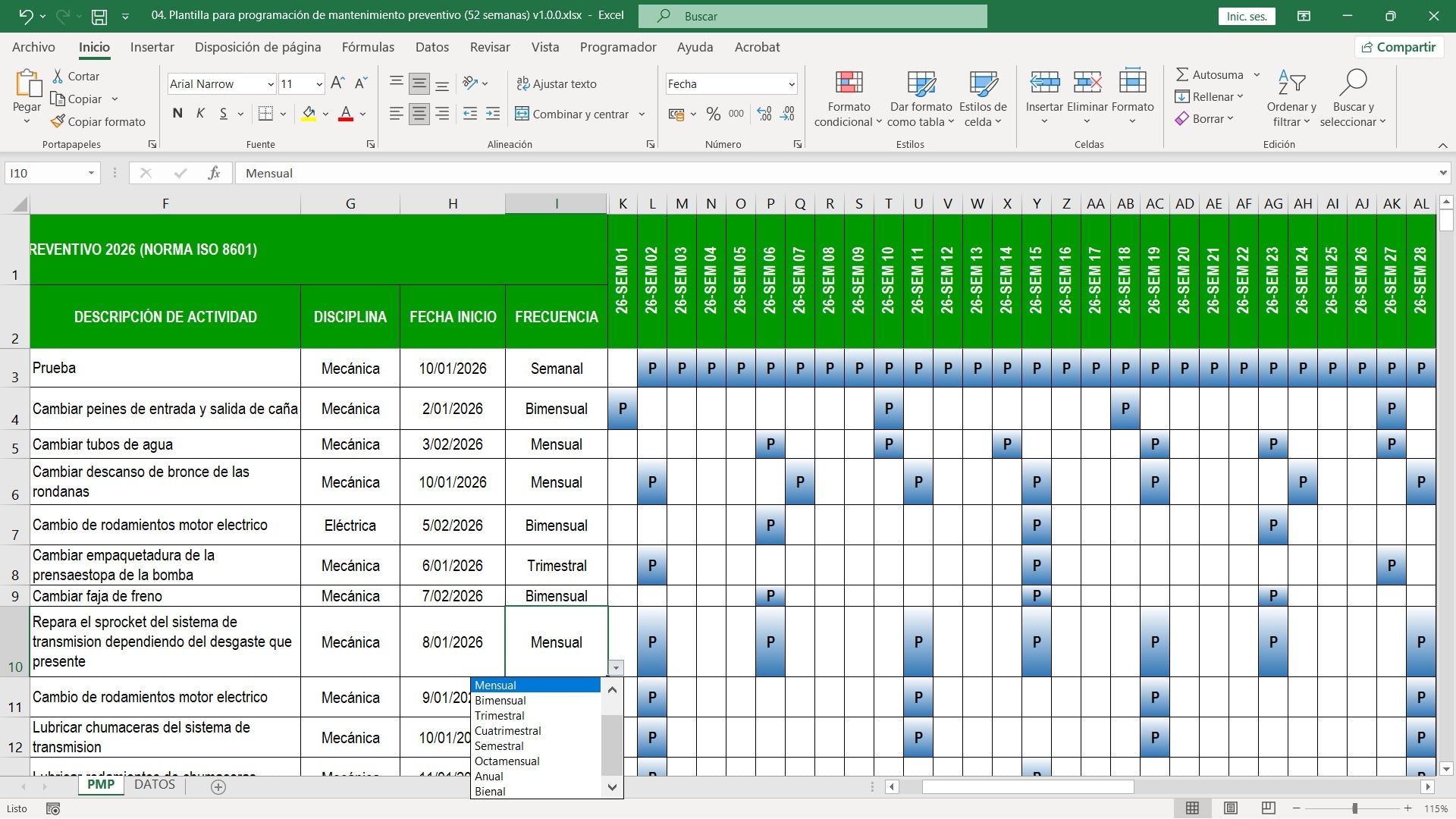 Plantilla para programación de mantenimiento preventivo (52 semanas) v1.0.0