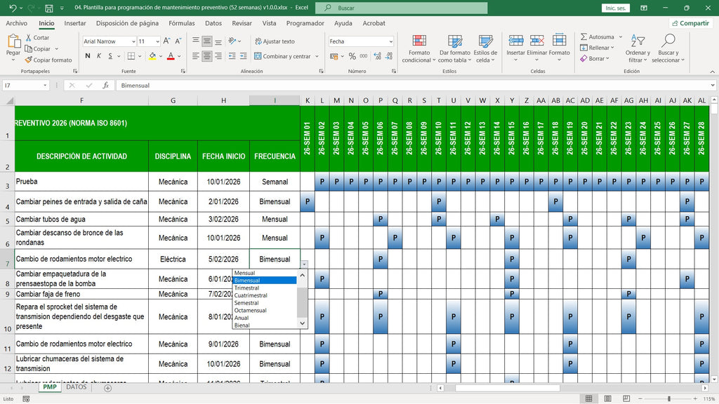Plantilla para programación de mantenimiento preventivo (52 semanas) v1.0.0